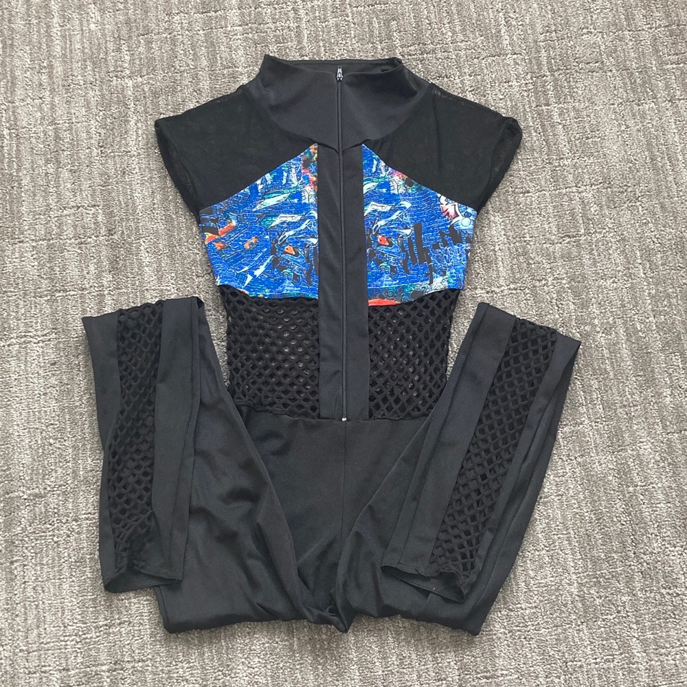 Kelle Black Graffiti Fishnet High Neckline Unitard